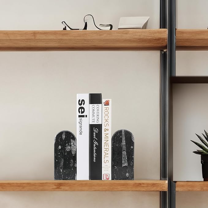 Koville Moroccan Natural Marble Bookends for Shelves, Decorative Book Ends, 7lbs Heavy-Duty Marble Book Holders, Bookshelf Apartment Decor for Normal Books/CD/Video Games(Black Fossil)