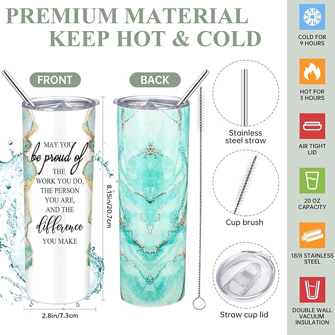 Domensi 6 Pcs Employee Appreciation Gift Set for Women Female Thank You Gift May You Be Proud 20 oz Rustic Marble Sign Tumbler Makeup Bag Journal for Teacher Nurse Lady Work Business(Green)