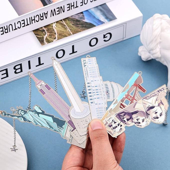 6 Pcs Silver Metal Bookmarks, Elegant Statue of Liberty America Famous Landmark Building Theme Bookmark for Women, USA Commemorate Bookmark Gift for Book Lovers Writers Readers Girls Teenage Children