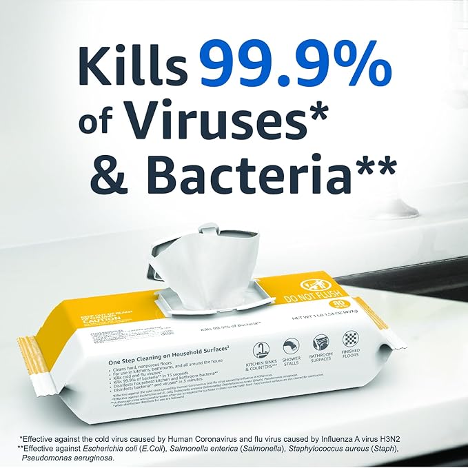 Amazon Basics Disinfecting Wipes, Lemon & Fresh Air Scent, Sanitizes/Cleans/Disinfects/Deodorizes, 320 Count (4 Packs of 80)