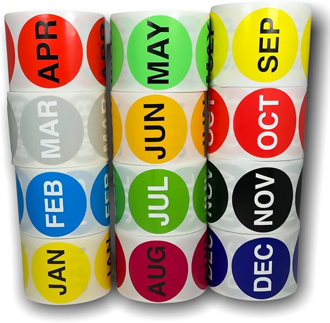 Months of The Year Labels - All 12 Months (1 Roll of Each Month) 2-inch Round Self-Adhesive Inventory Stickers, 12 Rolls with 500 Labels/Roll