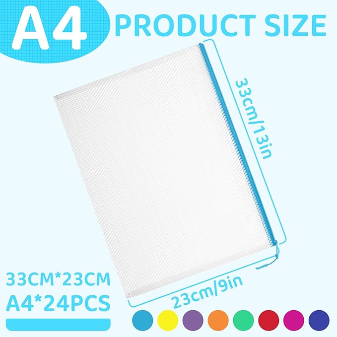 24pcs Mesh Zipper Pouch File Bags Puzzle Storage Bags, A4 13x9 Inches Large Reusable Zipper Pouches for Organizing Classroom Board Game Organization