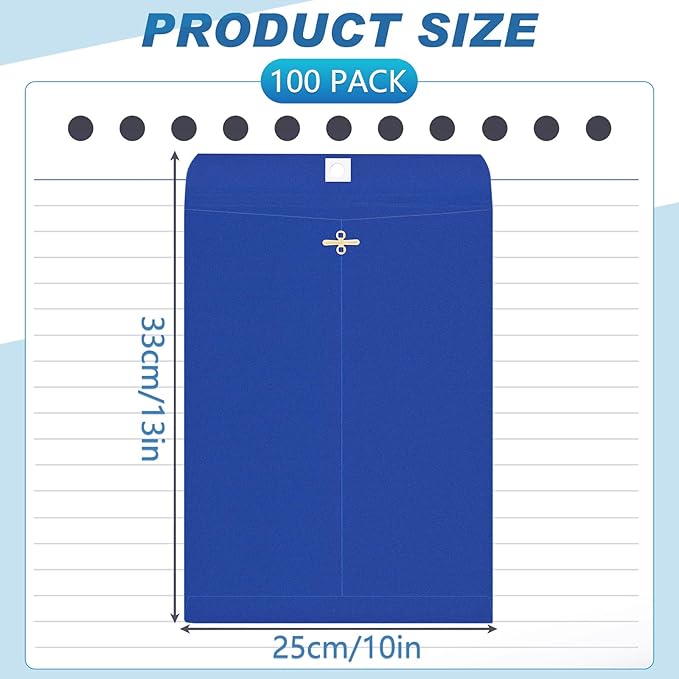 Geyee 100 Pcs Clasp Manilla Envelopes 10 x 13 Inch Gummed Colored Envelopes for Storing or Mailing for Home Office Business Supplies(Navy Blue)