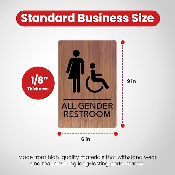 Promot All Gender Handicap Bathroom Sign – ADA Braille Restroom Sign for Business, Self-Adhesive, 9" x 6", Commercial Door Signage, Office Wall Decor - Chestnut
