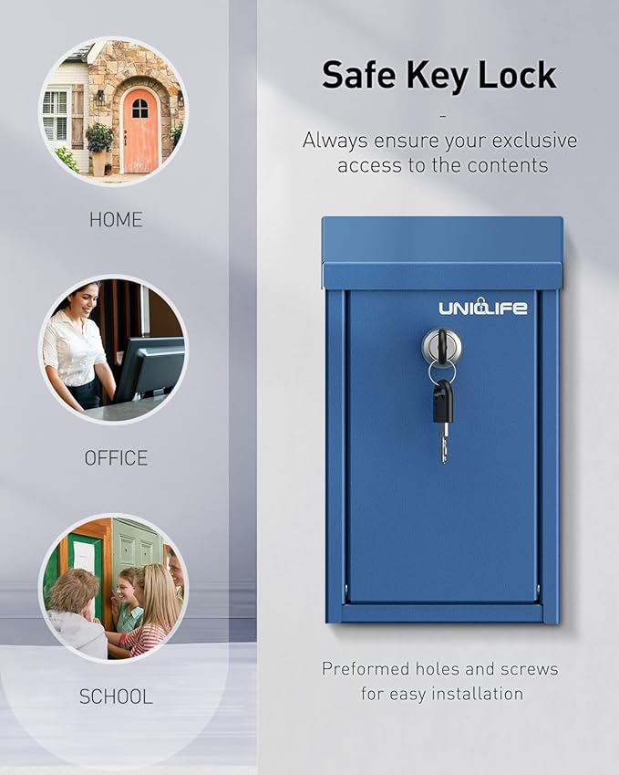 Uniclife Key Drop Box for Outside, Blue Metal Donation Box Collection Boxes with Key Lock, Safe Suggestion Boxes, Wall Mounted Mailbox with Top Slot, Steel Cash Drop Chest for Office Business