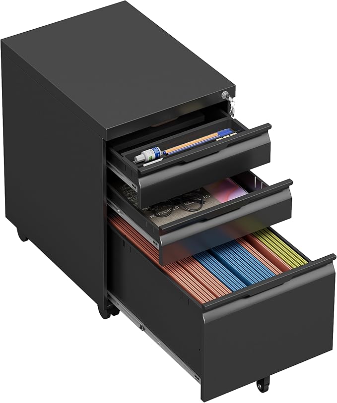 3 Drawer Mobile File Cabinet with Lock,Under Desk Metal Filing Cabinets with Wheels for Home Office Organizer Letters/Legal/A4(Easy Assemble-Black)