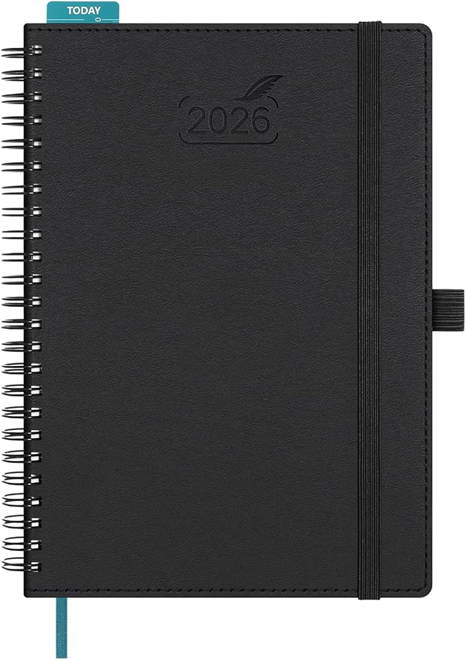 BEZEND 2026 Planner Weekly and Monthly (6" x 8.5" Spiral) Daily Calendar with Half-Hourly Timeslots & Tabs (Jan-Dec) Note & Expenses, Pen Holder, Inner Pocket, Vegan Leather Softcover - Black