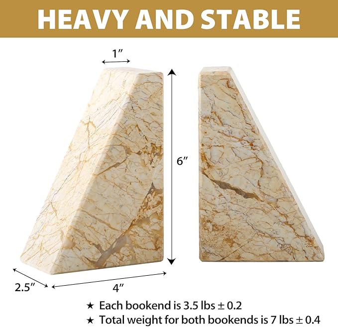 Koville Marble Bookends for Shelves, Large Bookends for Heavy Books, Natural Stone Book Stopper for Books CD Movies, Aesthetic Decorative Book Ends, Bookshelf Table Home Decor(Gold)