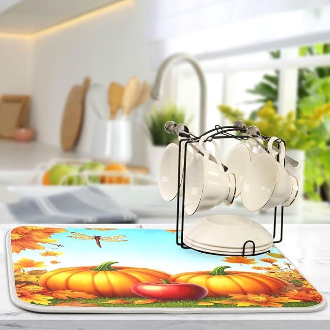 Autumn Thanksgiving Day Pumpkins Maple Dish Drying Mat for Kitchen Counter 18 x 24 Inch Flowers Dragonfly Leaves Dry Dishes Pads Mats Absorbent Countertops Counter Tableware Mat Protector Home Decor