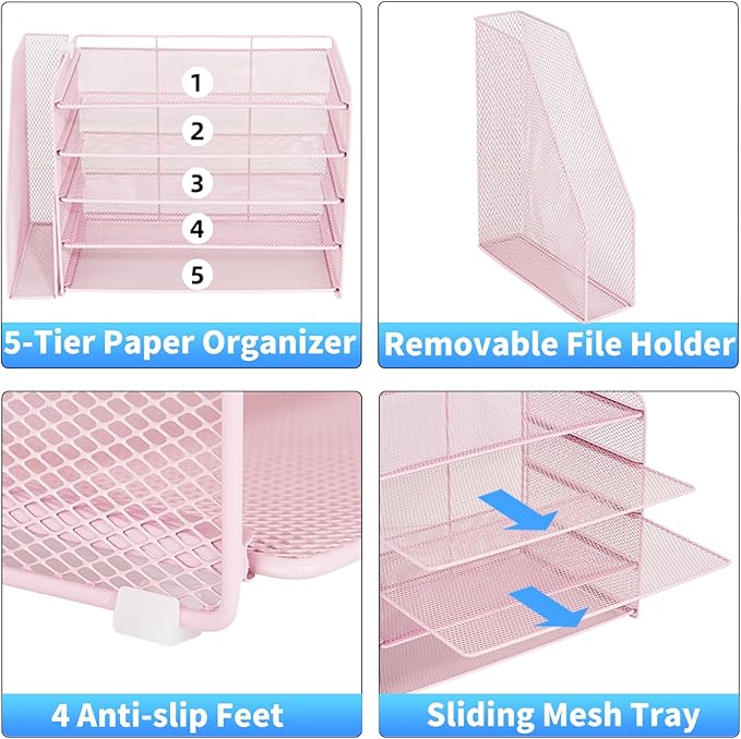 OPNICE 5-Tier Paper Organizer with Magazine Holder, Desk Organizers and Accessories, Office Desk Accessories & Workspace Organizers, Desktop File Organizer for Office Supplies Storage, Pink