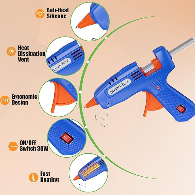 MONVICT Hot Glue Gun Kit, Mini Glue Gun with Carrying Case,20 Pcs Premium Glue Sticks, 10 Pcs Wood Craft sticks, Fast Preheating Hot Melt Glue Gun for School Crafts DIY Arts Gift (Blue, 30Watts)