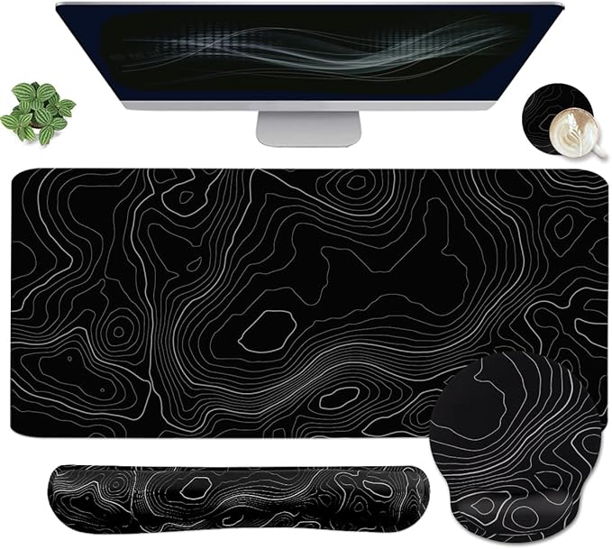 4-in-1 Gaming Mouse Pad Wrist Support Set，Desk Pad + Mouse Pad with Wrist Rest + Keyboard Wrist Rest + Coaster, Ergonomic Design for Home Office Study Game - Topographic Contour