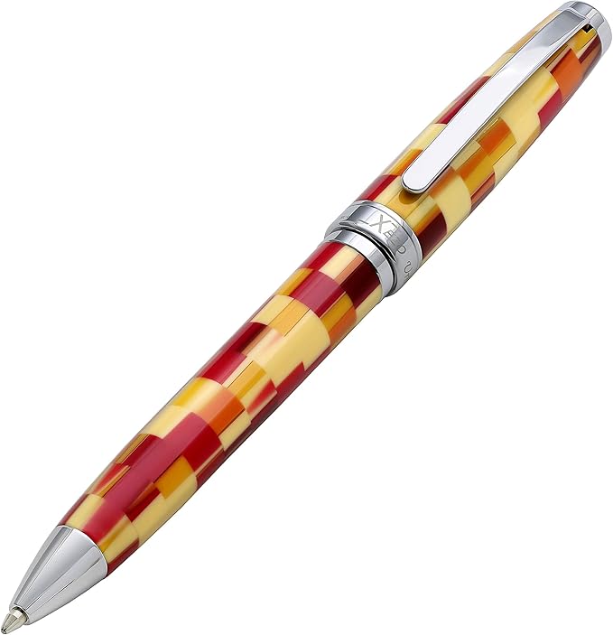 Xezo Urbanite Twist Action Ballpoint Pen, Medium Point. Retro Red, Yellow, and Cream Checkered Acrylic on Brass. Chrome Plated. Handcrafted, Limited Edition, Serialized