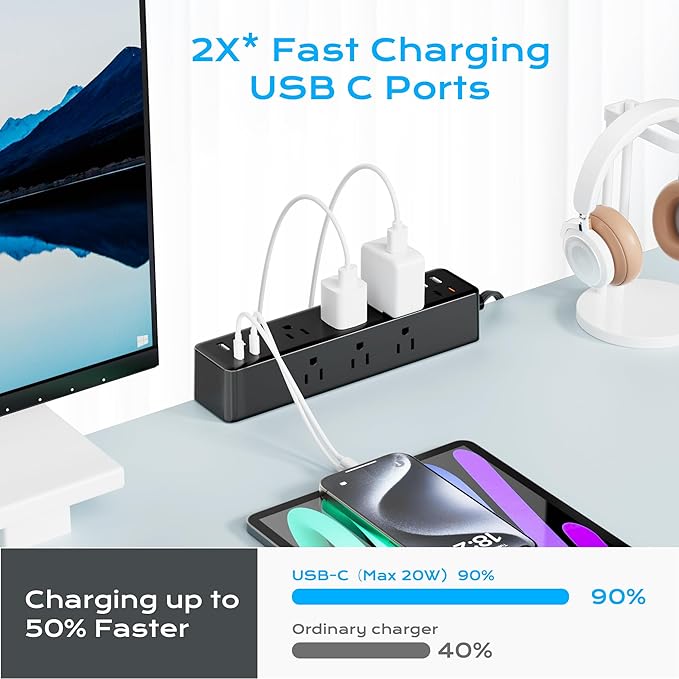 Flat Plug Desk Clamp Power Strip 10FT, 40W Total Fast Charging Station, Dual PD 20W USB C Ports, Desk Edge Mount Power Strip 9 AC Outlets 8 USB Ports(4 USB C) Surge Protector, Fit 1.7" Tabletop Edge
