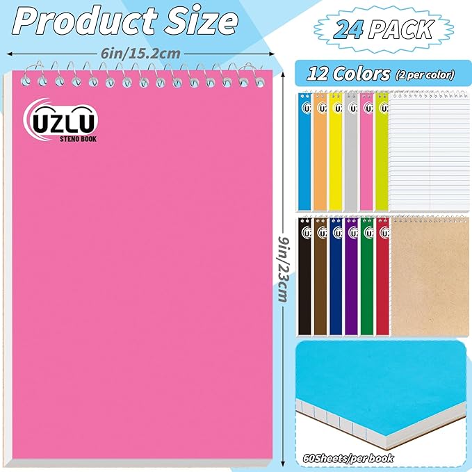 24 Pack Steno Pads 6 x 9 in Spiral Top Notebook Bulk 12 Assorted Color Note Pad 60 Sheets Gregg Rule Writing Paper Steno Notebooks for Students Teachers Men Women Professionals Office School Recording