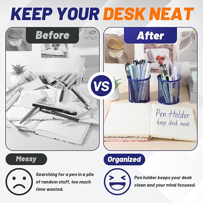 Segarty Pen Cup, 6 Pack Round Cute Dark Blue Pen Holder for Desk, Wire Mesh Pencil Holder Container Set, Desktop Organizer for Office Supplies, Maker, School, Home Storage, Makeup Brush