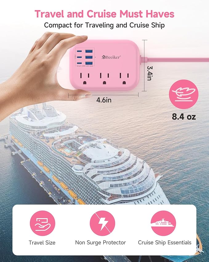 6 USB(3 USB C) Pink Power Strip- 5Ft Extension Cord with 6 USB Charging Station 24W/4.8A and 3 Outlets, Desk Accessories for Cruise Travel Pink Cute Kawaii College Dorm Desk Home Essentials