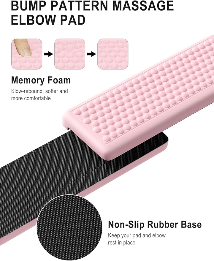 Hsurbtra L-Shaped Desk Elbow Pad, 2-Piece Soft Memory Foam Elbow Support Padding with Non-Slip Rubber Base, Ergonomic Desk Edge Cushion Wrist Rest for Office, Home, Work, Gaming, Pink
