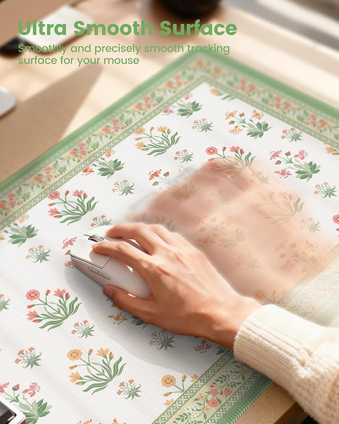 iCasso Desk Cover Mat, Extra Large Floral Mouse Pad, Desk Pad Mat,Office Matt for Desktop Protector, Anti-Slip XXL Big Mousepad with Stitched Edges for Laptop Computer Keyboard(White)