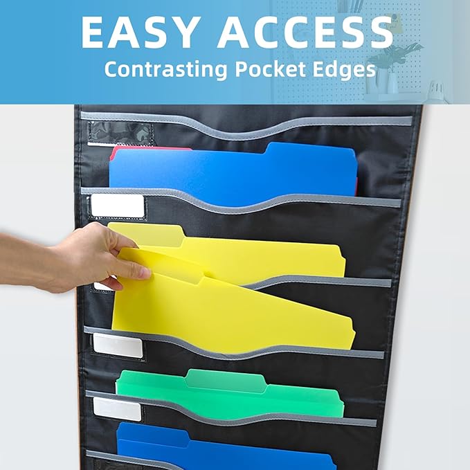 11 Pockets Hanging Wall File Organizer 15" Extra Wide Pocket Chart for Classroom, Office, Home, Mail Organizer Wall Mounted with 1 Writable Clear Pocket, 5 Wall/Door Hooks & 12 Labels (Black)