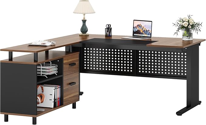 Tribesigns 63 Inch Executive Desk with File Cabinet, Large Office Desk L Shaped Computer Desk with Drawers and Storage Shelves, Business Furniture Desk Workstation for Home Office, Brown and Black