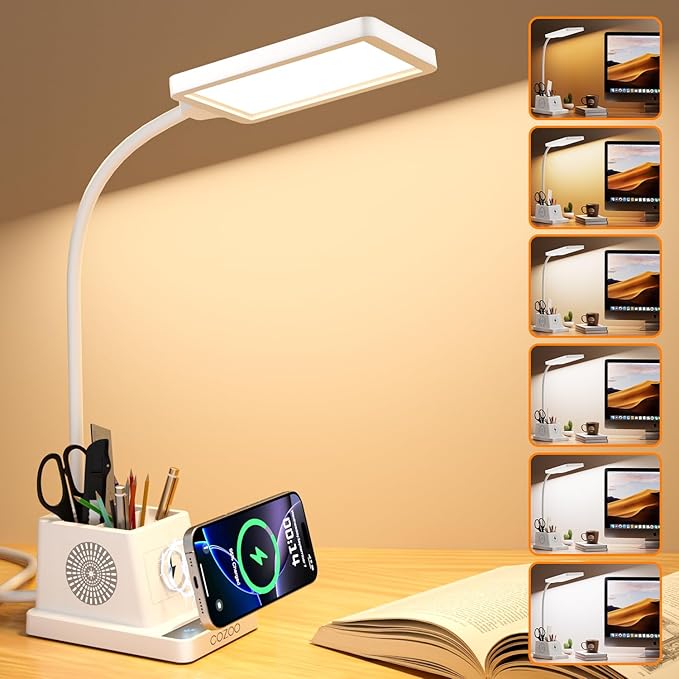 cozoo Desk Lamp, LED Desk Lamps for Home Office with 15W Wireless Charger/Organizer,Desk Lamp for College Dorm Eye-Caring Study Light,Gooseneck Table Lamp with Pen Holders/Storage,12 Lighting Modes