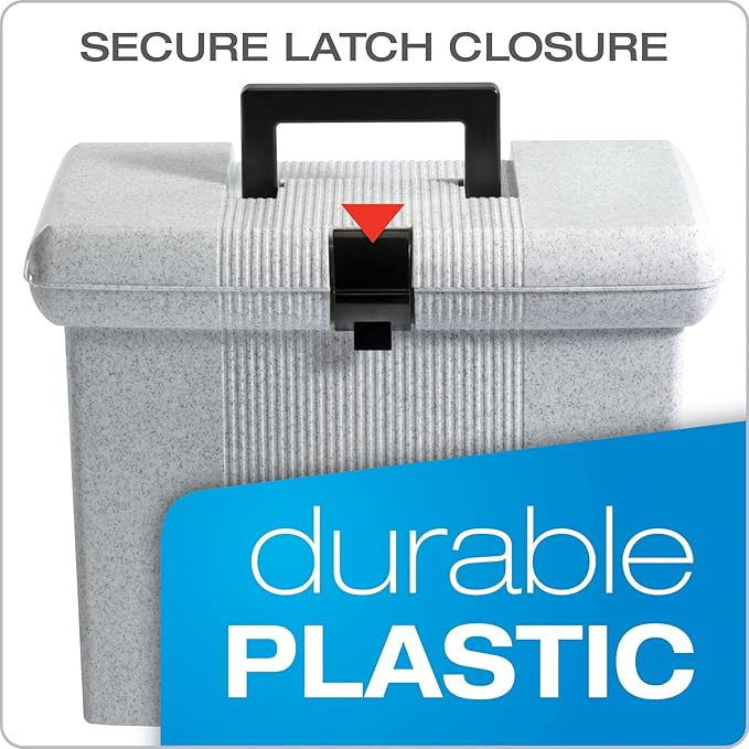 Pendaflex Portable File Box with File Rails, Hinged Lid with Double Latch Closure, Granite, 3 Black Letter Size Hanging Folders Included (41737AMZ)