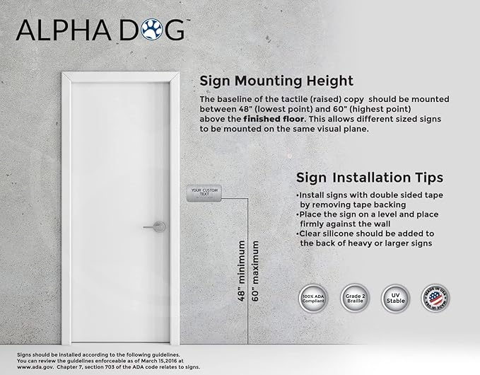 ALPHA DOG ADA SIGNS Custom ADA Compliant Braille Sign, 4"x8" Room Identification Plaque, Tactile Text, Raised Letters, Personalized 2-Line, Indoor/Outdoor, USA-Made (Brushed Stainless)
