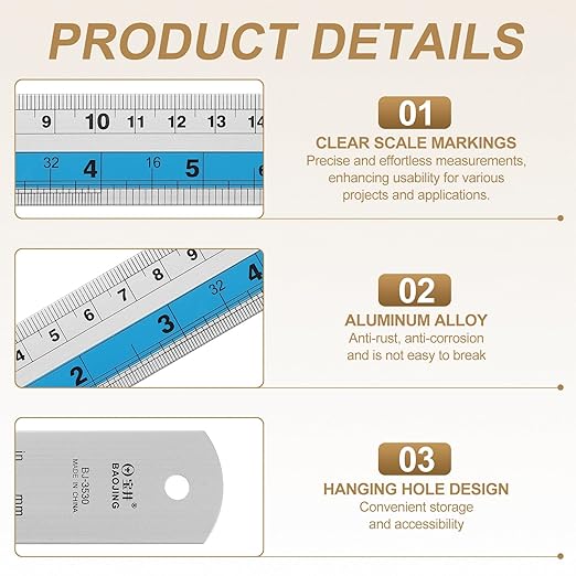 HARFINGTON 4pcs Metal Straight Ruler 20cm Metric SAE Aluminum Alloy Measuring Rulers Scale Tools with Hole for Measure Study Reading Classroom Office, Blue