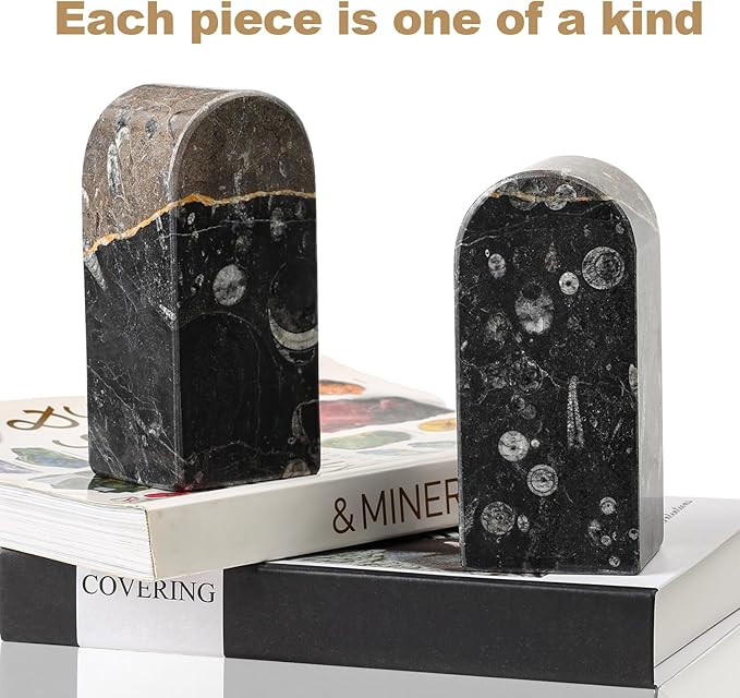 Koville Moroccan Natural Marble Bookends for Shelves, Decorative Book Ends, 7lbs Heavy-Duty Marble Book Holders, Bookshelf Apartment Decor for Normal Books/CD/Video Games(Black Fossil)