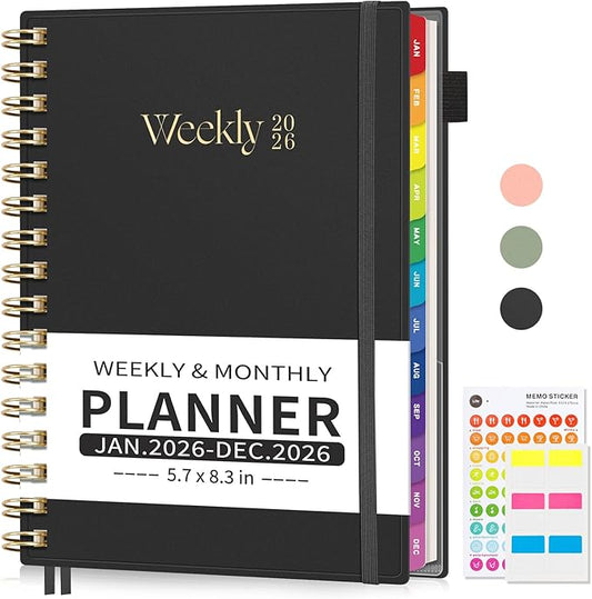 EMSHOI 2026 Planner - Weekly and Monthly Calendar (Jan-Dec), A5 (5.7"x8.3") Hardcover, 100GSM Thick Paper, PVC Cover, Inner Pocket, Colorful Tabs, Note Pages for Work School Home, Black