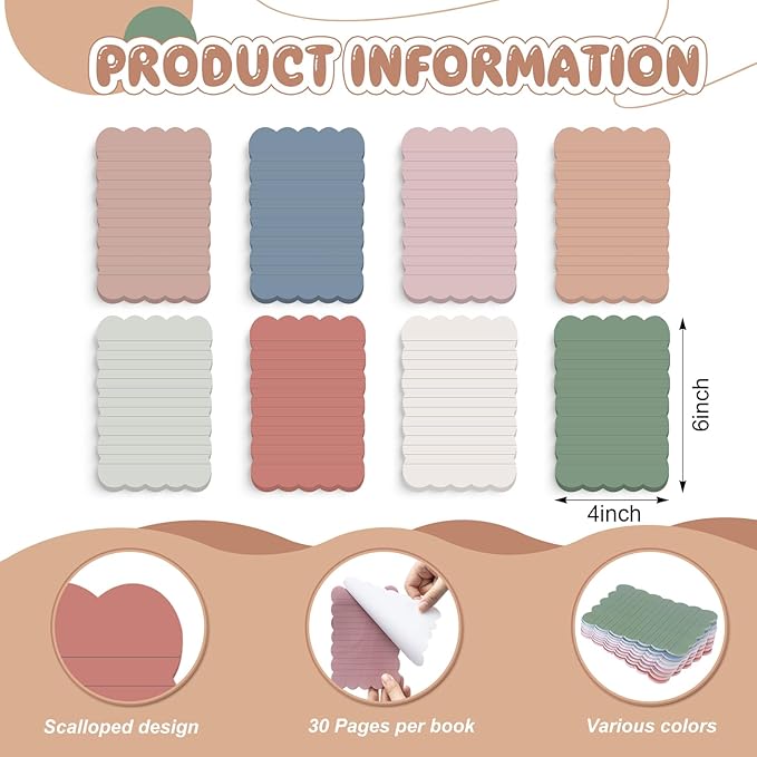 Eaasty 8 Pack Scalloped Sticky Notes Bulk Christmas Cute Self Sticky Note Pads Multi Color Bright Vintage Note Pads or School Office Supplies 240 Sheet(4" X 6",Vintage Color Lined)