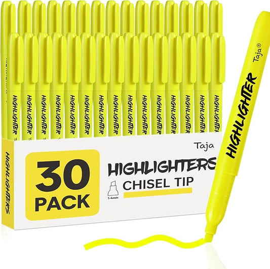 Taja 30 Pack Yellow Highlighters Bulk, Chisel Tip Highlighters Markers Set with No Bleed Ink, Perfect for School & Office Supplies