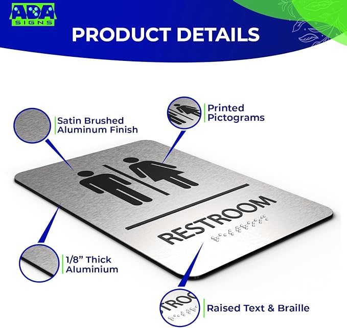 ADASigns Unisex Restroom Sign – 6" x 9" Durable Brushed Aluminum with Braille – Easy Installation with Strong Adhesive Tape – Weatherproof, ADA Compliant Bathroom Sign for Home, Office, & Business