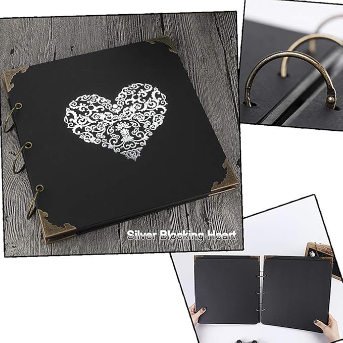 Photo Album DIY Scrapbook, 10x10 inch 50 Pages Double Sided, Vintage Hardcover Three-Ring Binder Picture Booth Albums with 6 Colors 408pcs Self Adhesive Photos Corners for Memory Keep (Black)
