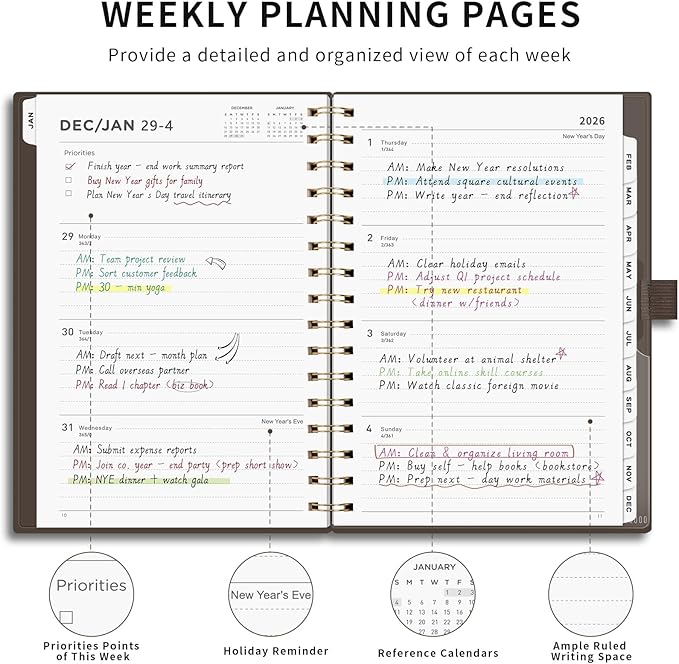 AHGXG 2026 Planner, Weekly and Monthly, Jan 2026 - Dec 2026, 12 Months, 2026 Calendar Planner Book with Tabs for Men Women School Home Office Supplies, A5 (6" X 8.38"), Coffee