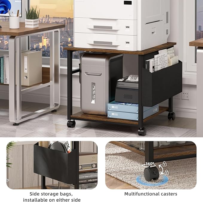 Lerliuo Large Printer Stand with Storage Shelf, 23.6 x 23.6 x 22.8 Industrial Printer Table for Home Office, Rolling Printer Cart Holder with Lockable Wheels, Mobile Mini Fridge Stand Table (Brown)