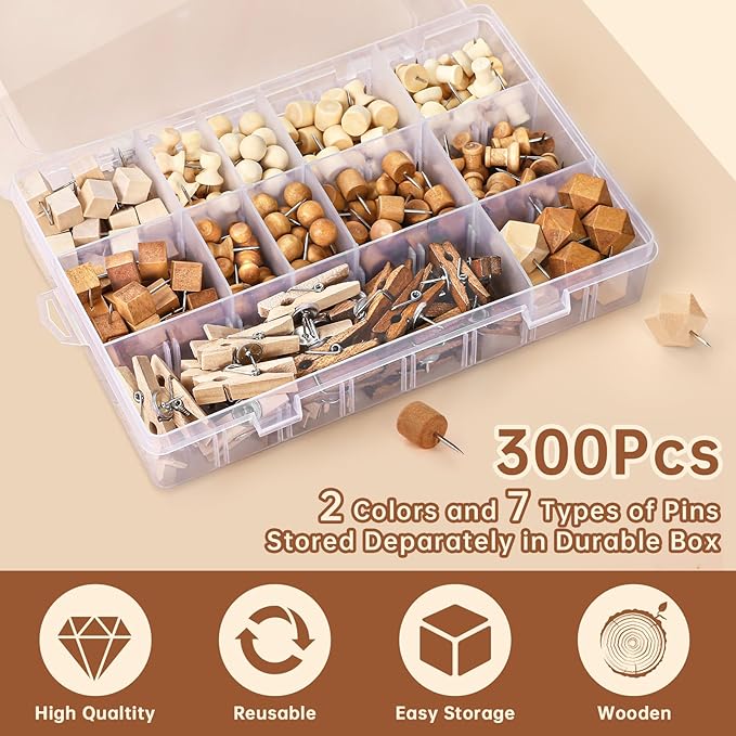 300Pcs Wooden Push Pins,2 Colors and 7 Types Decorative Thumb Tacks, Cute Thumb Tacks, Wood Pushpins for Cork Board, Wooden Thumbtacks for Bulletin Board, Cubicle Wall, Cork Board Accessories