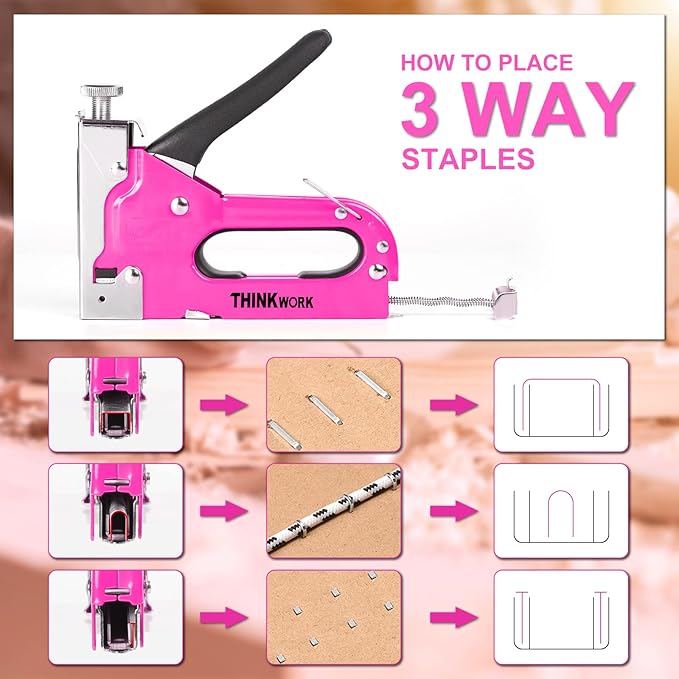 THINKWORK Heavy Duty Staple Gun, 3 in 1 Pink Staple Gun for Upholstery with 900 Staples, Nail Gun for Wood, Cable, Fabric, Wall, Material Repair, DIY Manual Stapler