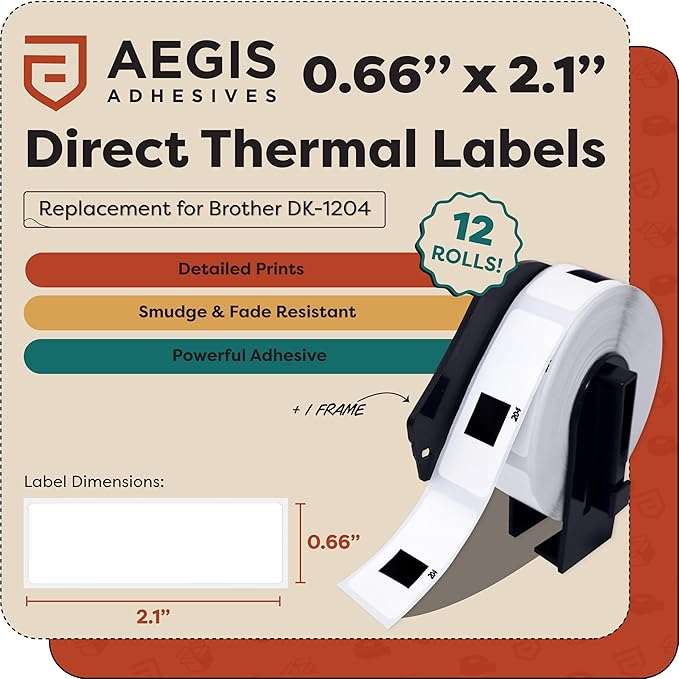 Aegis Adhesives - Compatible Label Replacement for Brother DK-1204 (0.66" X 2.1”) Multipurpose Return Address, Use with QL Printers - 12 Rolls + 1 Frame