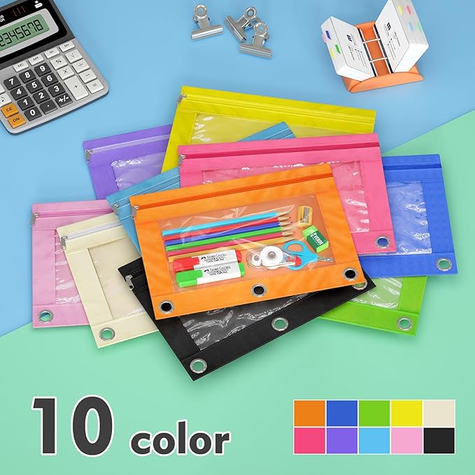 DoDoMagxanadu Binder Pencil Pouches, Pencil Pouch for 3 Ring Binder with Zipper Pulls, Clear Window Pencil Case for Binder, Zipper Pencil Pouches with Rivet Enforced 3 Ring, 20 Pack, 10 Color