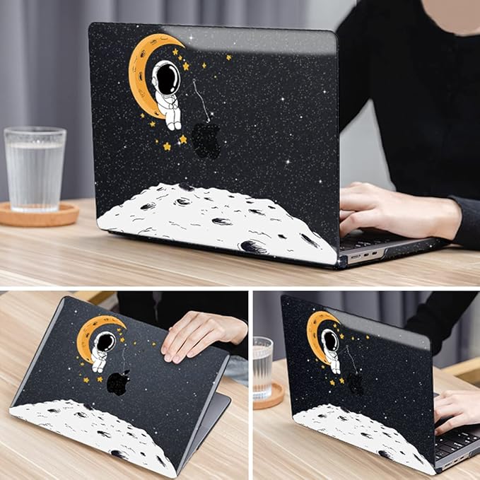 for MacBook Air 13.6 inch Case 2025 2024 2023 2022 Release M4 A3240 M3 A3113 M2 A2681, Glitter Black Printed Plastic Hard Shell Case Cover for Mac Air 13.6 M4 Chip Touch ID, Astronaut Moon