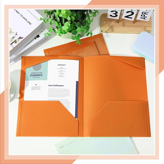 Henoyso 60 Pcs Plastic Folders with Clear Front Pockets Heavy Duty File Folders with 2 Pockets and Card Slot for Student Communication School Office Presentation Report (Orange)