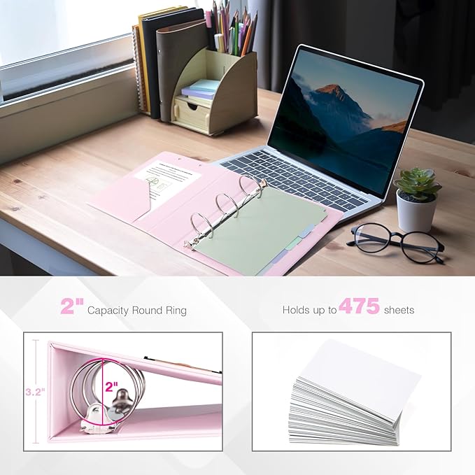 Ospelelf Mini 3 Ring Binder 5.5" x 8.5", 2 Inch Clipboard Binder with Dividers, Professional Leather Binders Organizer for Office, School, Pink