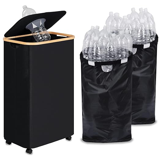Recycling Bin for Kitchen, Indoor Home Recycle Bins with Wheel, 29 Gallons Large Recycling bin with 2 Removeable Reusable Inner Bags, for Bottles Cans Glass Plastice Cartons(Black)
