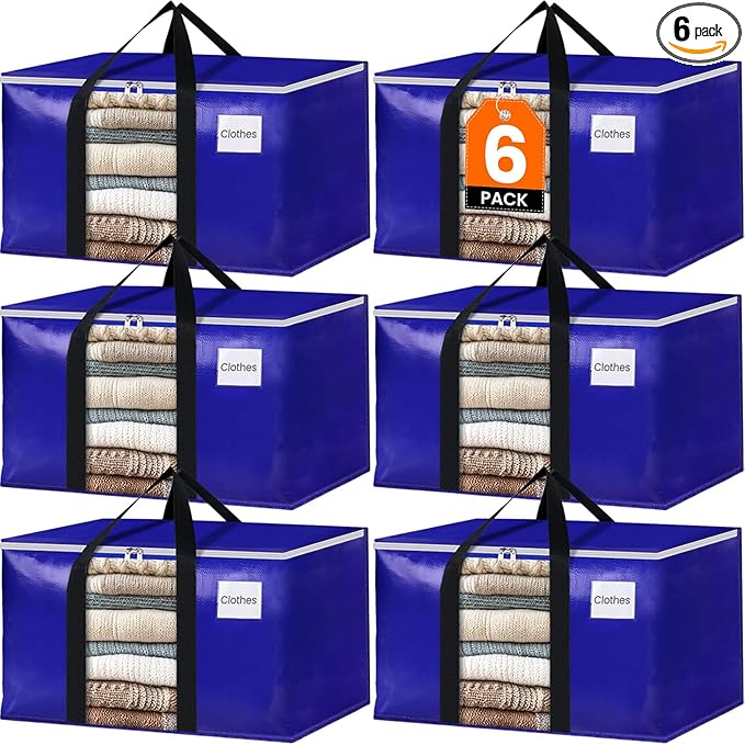 BlissTotes 6 Pack Moving Bags with Clear Window, Storage Bags with Strong Carrying Handles & Zippers,Large Packing Bags for Saving Space, Alternative to Moving Boxes(Blue,24 Gallon)