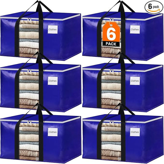 BlissTotes 6 Pack Moving Bags with Clear Window, Storage Bags with Strong Carrying Handles & Zippers,Large Packing Bags for Saving Space, Alternative to Moving Boxes(Blue,24 Gallon)