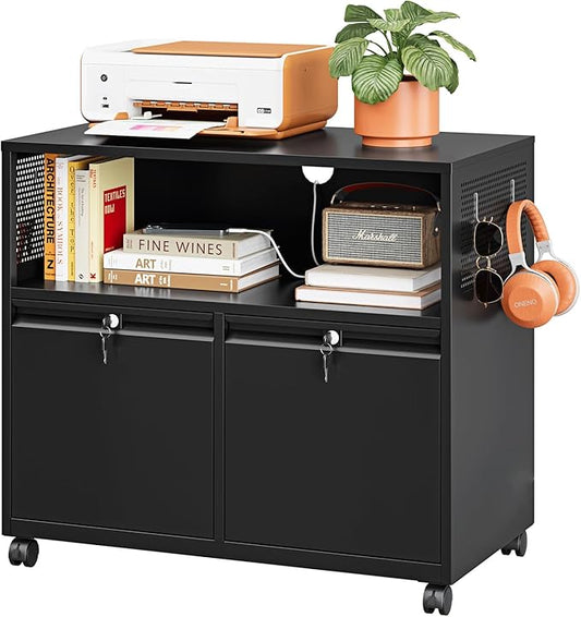 Metal File Cabinet,2 Drawer Filing Cabinet with Lock,Rolling Printer Stand Storage Cabinets with Shelves for Home Office Letter/Legal/A4 Size Files(Black)