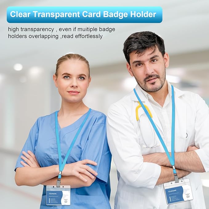 100 Pcs Lanyards for ID Badges and 100 Pcs Clear Name Tag Holders Reusable Lanyard with Clip Plastic ID Card Badge Holder Name Badges for Adults Kids Business School Office Supplies (Light Blue)