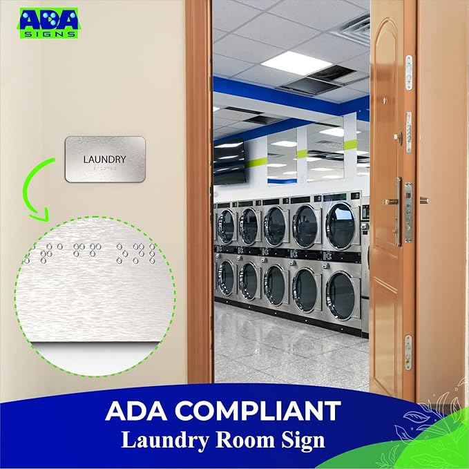 ADASigns Laundry Signs 7" W x 4" H - Durable Brushed Aluminum with Grade 2 Braille - Easy Installation with Strong Double Sided Tape - ADA Compliant Office Door Signs for Businesses & Offices